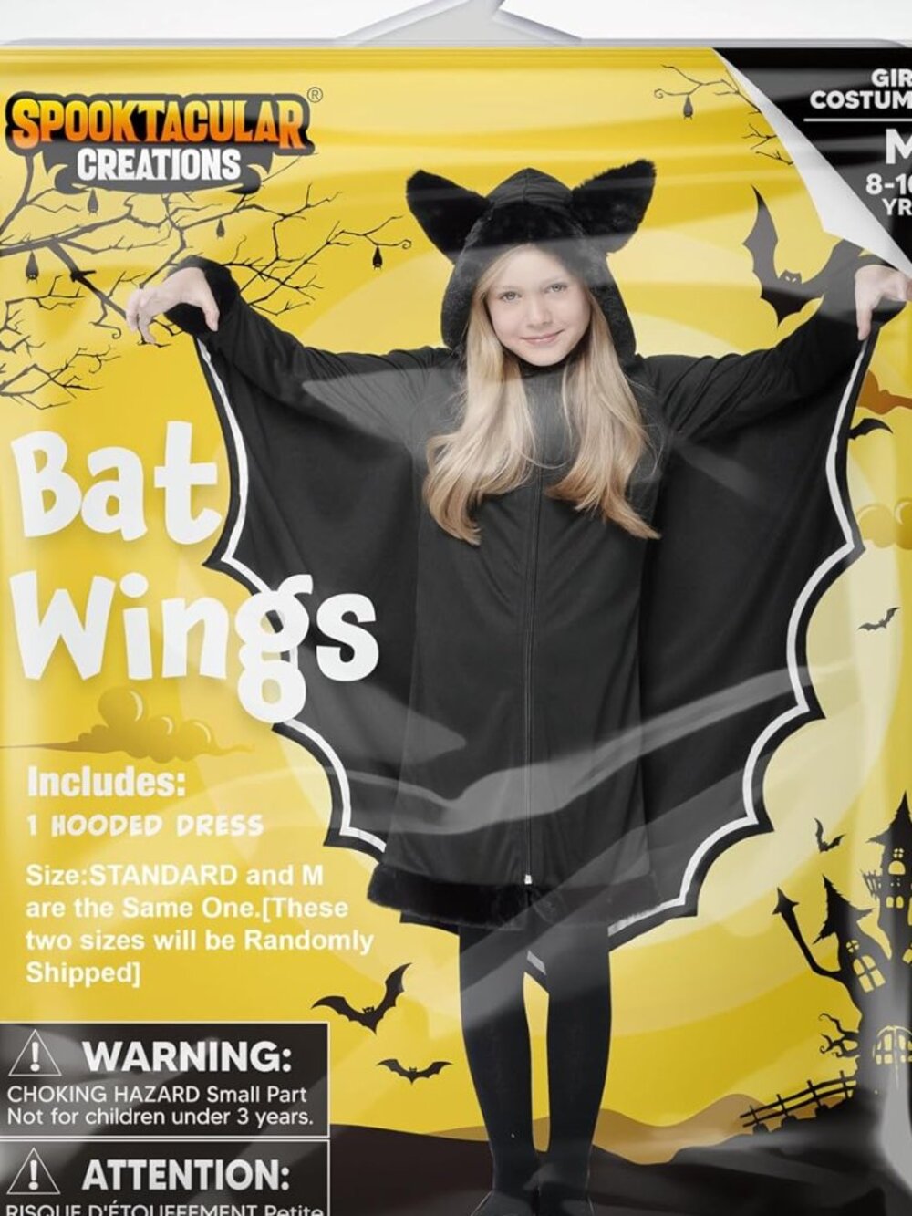 Girls Black Bat Costume Small 5-7 Hooded Wings Halloween NIP